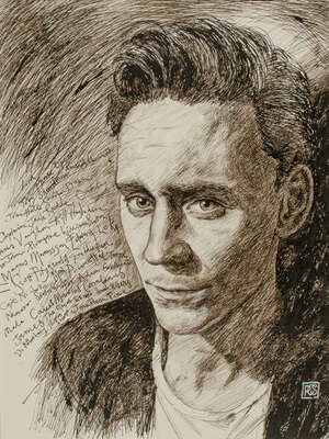 Portrait of Tom Hiddleston in pen and ink with some of his roles written into the backdrop