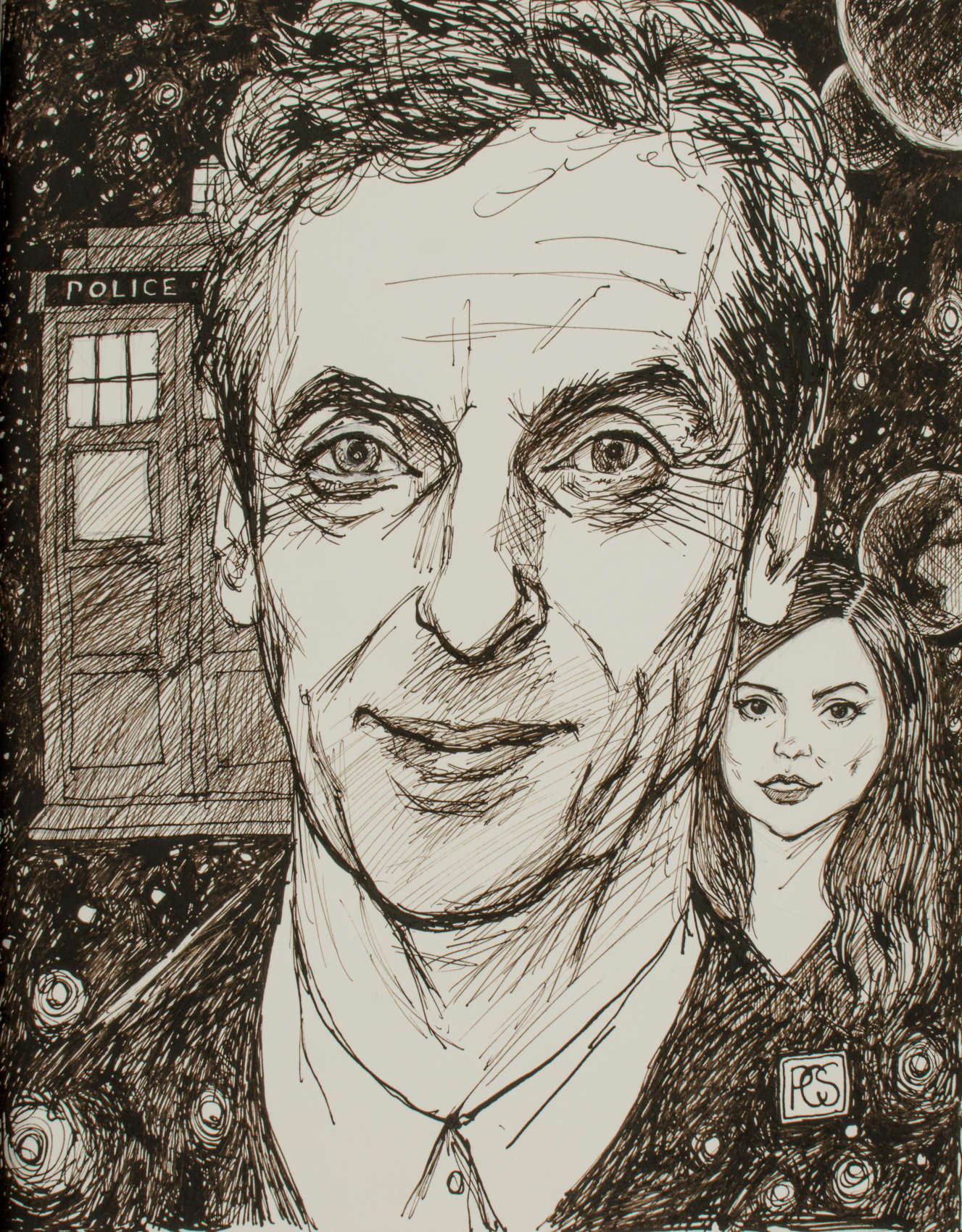 Portrait of Peter Capaldi as the twelfth Doctor Who with Clara Oswald and TARDIS