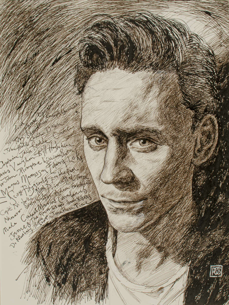 Portrait of Tom Hiddleston in pen and ink with some of his roles written into the backdrop