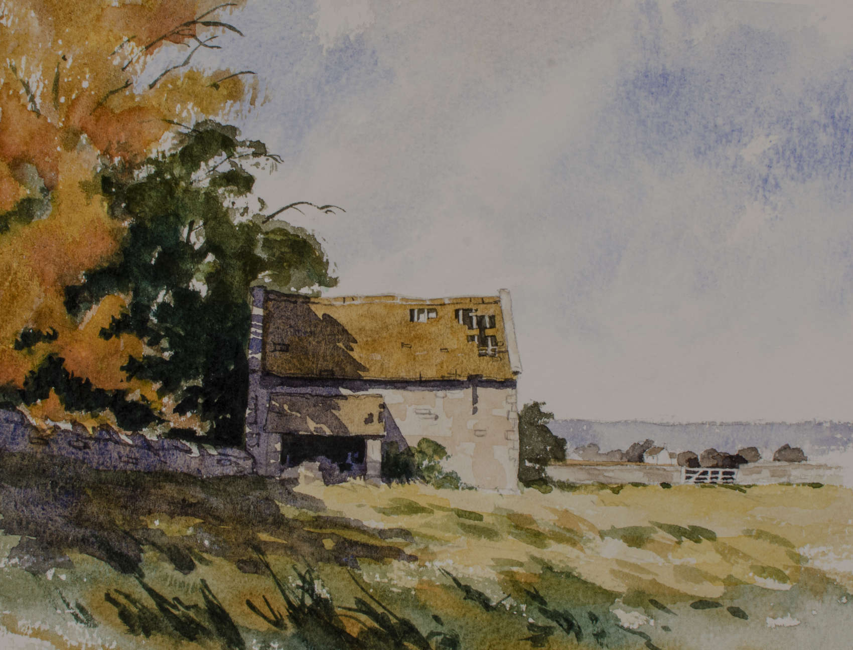 Landscape painting of a run-down farm building in the corner of a field by some trees and a gate