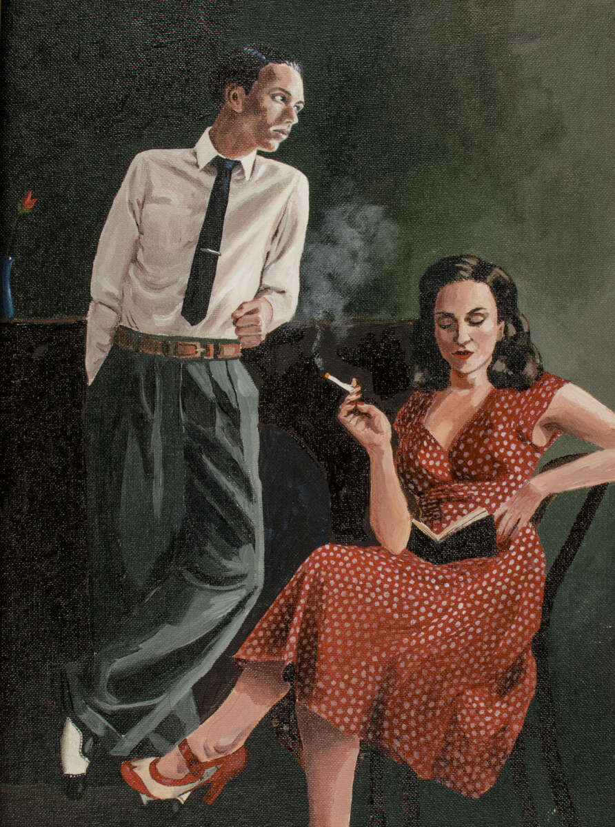 Standing man in shirt and tie with sitting woman in red polkadot dress smoking a cigarette and reading a book in the style of Jack Vettriano