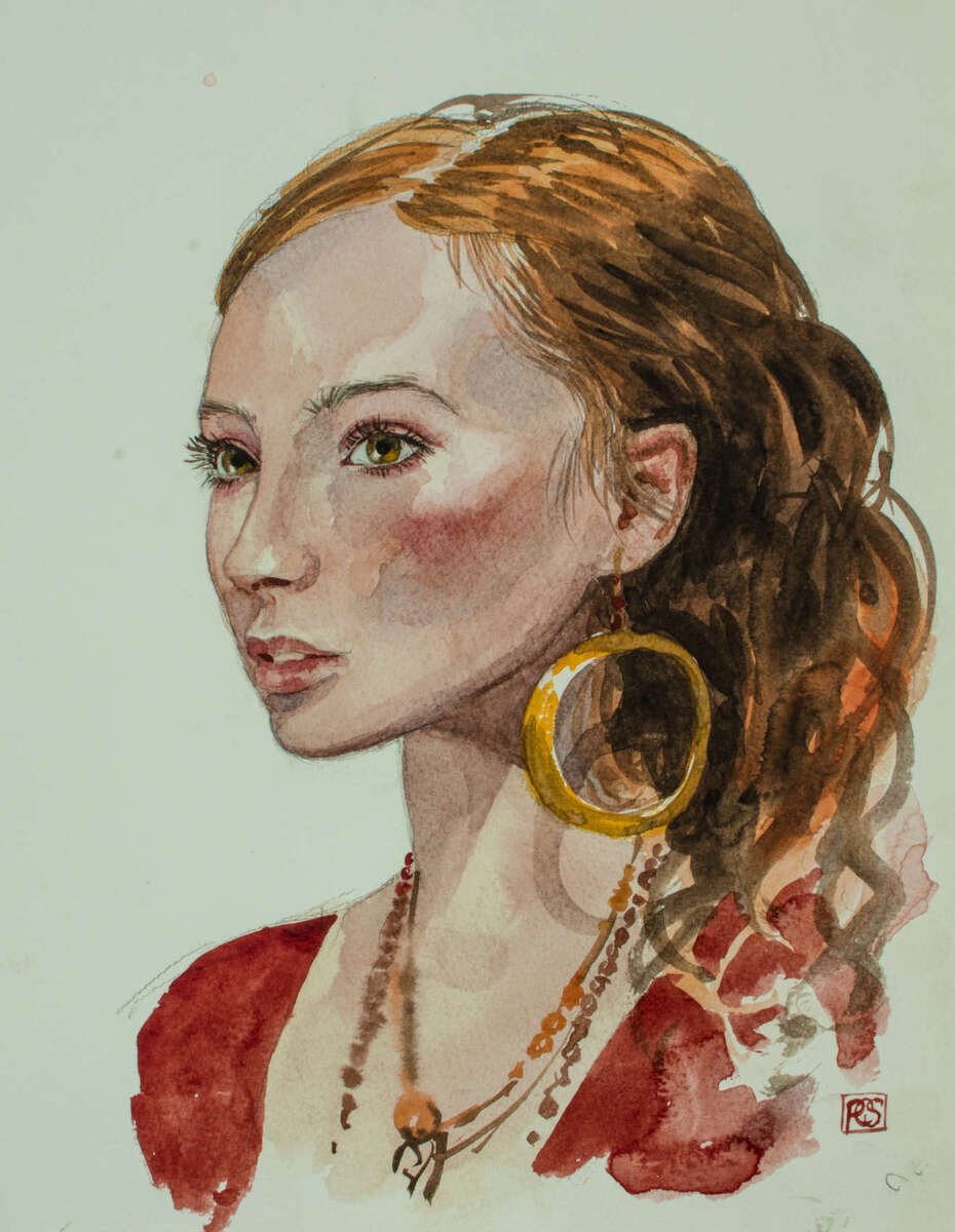 Romany girl with large gold hoop earring and red dress.