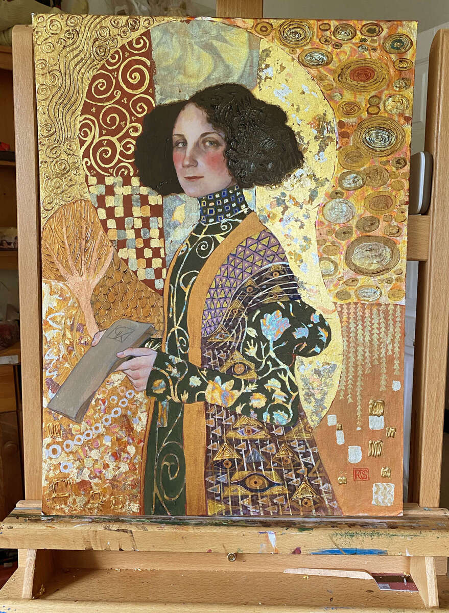 On easel, showing amazing effect of light on the gold and metallics